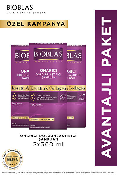 Bioblas Keratin & Kolajen Onarıcı Dolgunlaştırıcı Saç Bakım Şampuanı 3 x 360 ...