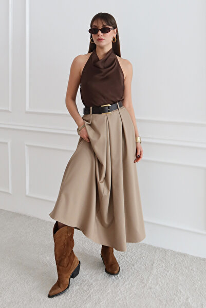 Trendyol Collection Beigefarbener, gewebter Maxi-Langrock mit Gürtel und A-Li...