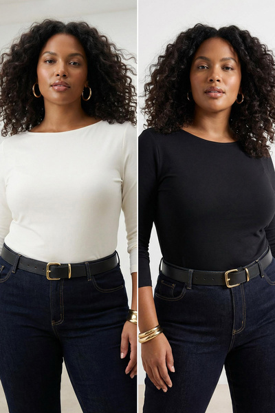 Trendyol Curve Black-And-White Stretchy Body-Fitting Knitted Plus Size Blouse...