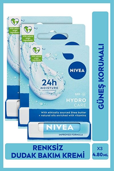 NIVEA Renksiz Dudak Bakım Kremi Hydro Care 4.8gr, 24 Saat Nemlendirici, SPF15...