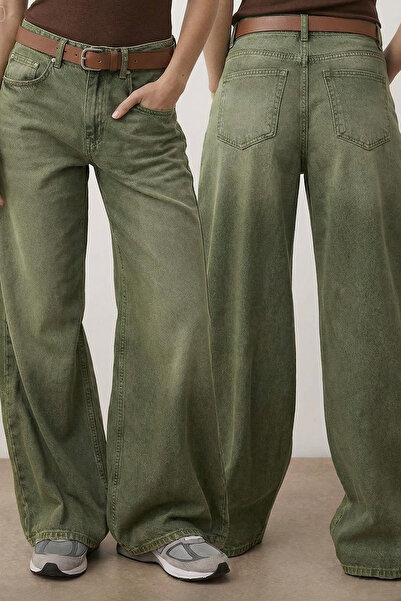 Trendyol Collection Light Khaki High Waist Vintage Wash Wide Leg Jeans Twoaw2...