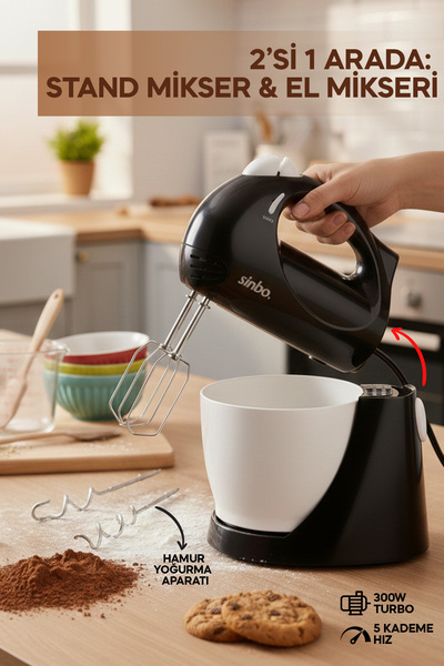 Sinbo SMX-2759 Mikser 300 Watt, 5 Kademeli, Turbo Fonksiyon, Çelik Uç, (Standlı)