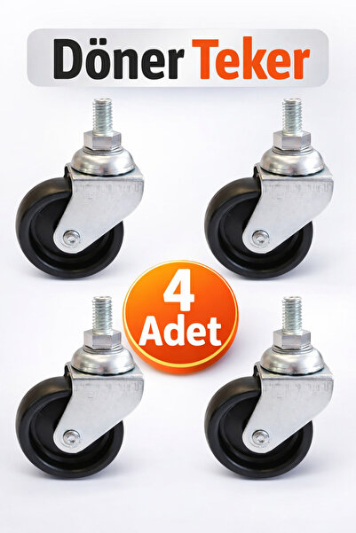 Badem10 Siyah Döner Teker M10 Vidalı 4 Adet 50 İnç Endüstriyel Ağır Yük Makin...