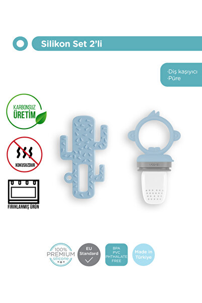 OiOi %100 Silikon Meyve Sebze Filesi + Kaktüs Diş Kaşıyıcı Mavi Set
