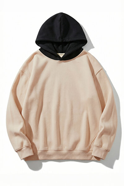 Trendyol Collection Bézs-fekete Oversize/Wide Cut kapucnis pulóver, belül bor...
