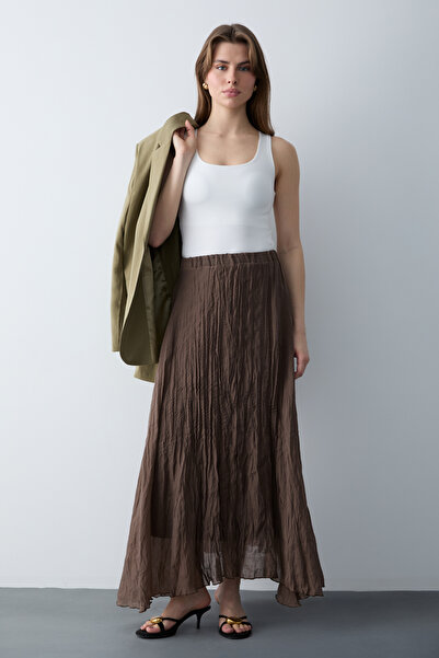 Trendyol Collection Smeđa naborana Postavljeno asimetrična maksi suknja TWOSS...