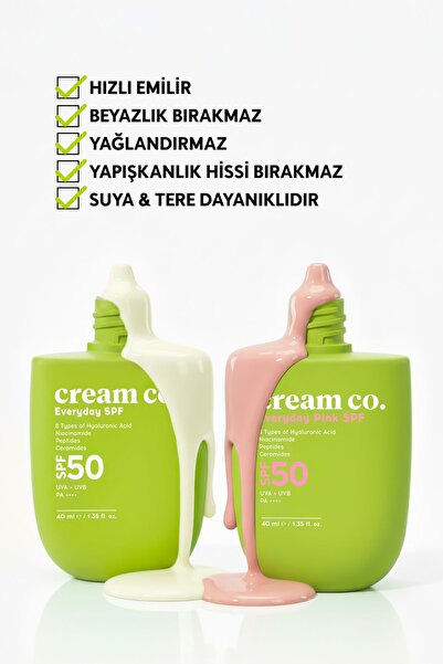 Cream Co. Leke Karşıtı Aydınlatıcı Nemlendirici SPF50 Güneş Kremi | Niasinamid Hyalüronik Asit Peptit Seramid