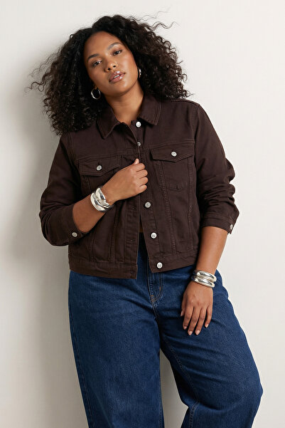 Trendyol Curve Jachetă din denim maro elastică, croi crop, mărime mare TBBSS2...
