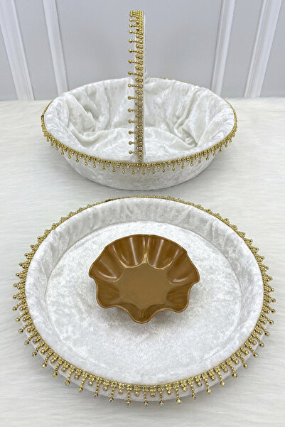 ZEYMERADE صينية وسلة ليلة الزفاف باللون الأبيض، فاخرة ولامعة مرصّع بالأحجار م...