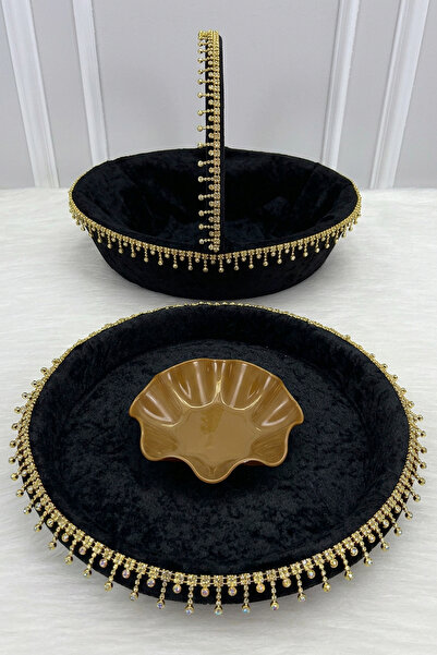 ZEYMERADE صينية وسلة ليلة الزفاف باللون الأسود، فاخرة ولامعة مرصّع بالأحجار م...