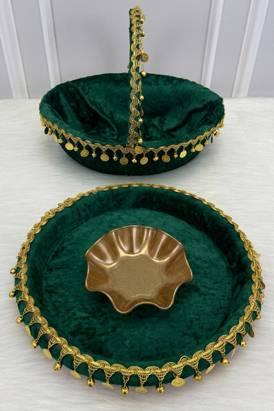 ZEYMERADE صينية وسلة ليلة الزفاف باللون الأخضر، مخمل، مزينة بالذهب والترتر، ل...