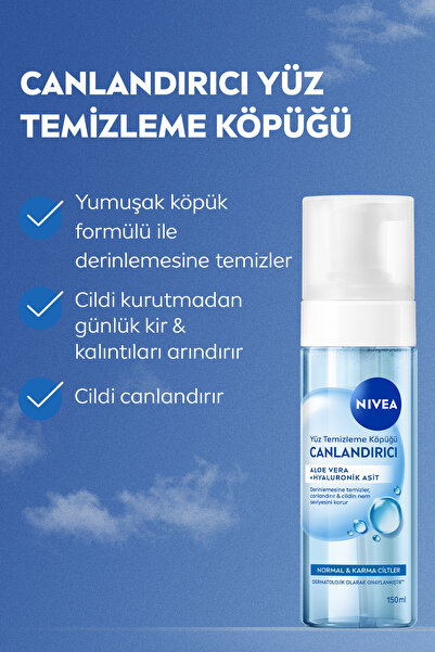 NIVEA Canlandırıcı Yüz Temizleme Köpüğü 150ml, Karma Normal Cilt, Aloe Vera, Hyaluronik Asit, Ferahlatıcı