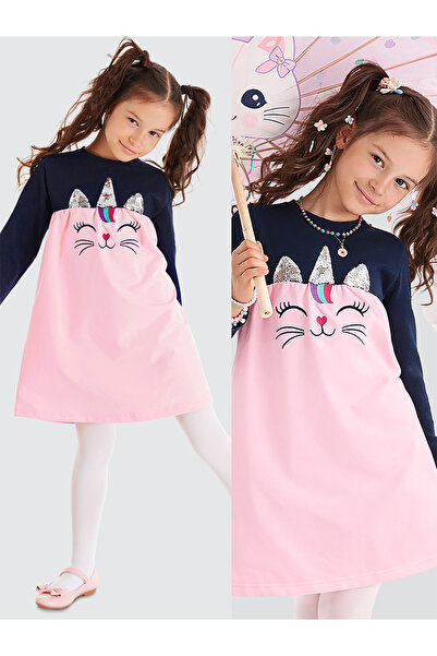 Denokids Ružičasta haljina sa dugim rukavima za devojčice sa šljokicama i mač...