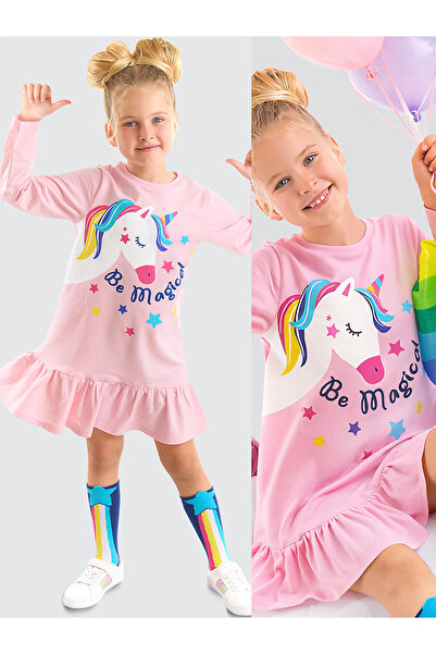 Denokids Unicorn Magic - Κοριτσίστικο ροζ μακρυμάνικο βολάν φόρεμα