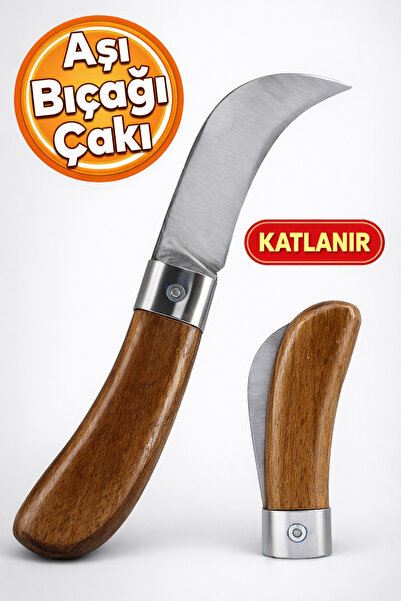 Badem10 Ahşap Saplı Bıçak Çakı Aşı Bıçağı Profesyonel Çelik Eğri Uçlu Bağ Ağa...