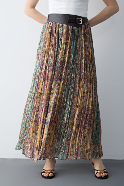 Συλλογή Trendyol Πολύχρωμη μακριά μάξι φούστα με σχέδιο σάλι, ζώνη και πλισέ ...