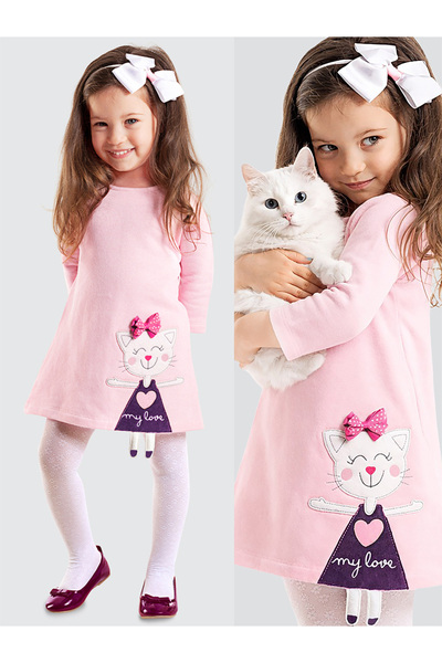 Denokids Girl - Pink Naughty Cat Print Zimné šaty s dlhým rukávom