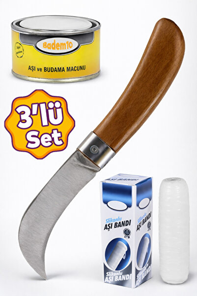 Badem10 Aşı Bıçağı Eğri Uçlu Bağ Bıçağı Ara Çakı + Aşı Bandı + Aşı Macunu (3'...
