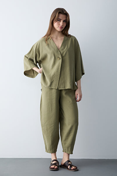 Trendyol Modest Khaki Modal Button Blouse Pants Woven Bottom - Top Set Tctss2...