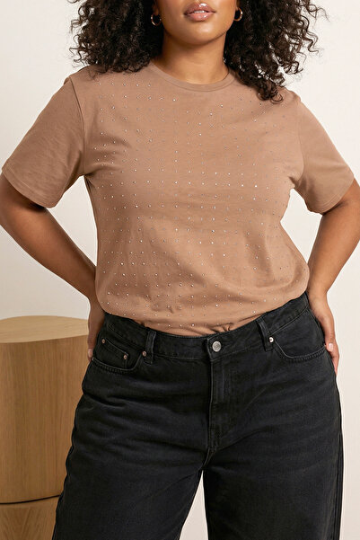 Trendyol Curve Καφέ Πλεκτό Μπλουζάκι Μεγάλου Μεγέθους με Πέτρες TBBSS25BF00042