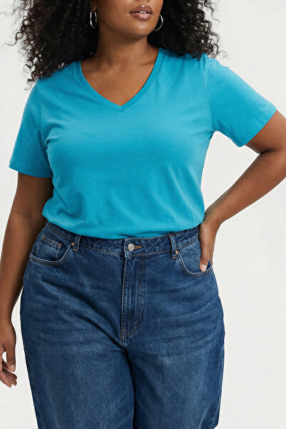 Trendyol Curve Petrol V-Neck Basic 100% Cotton Knitted T-Shirt Tbbss22Bf0028