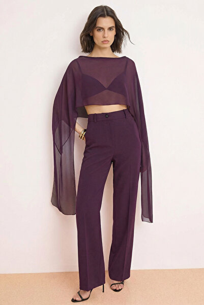 Trendyol Collection Plum Plain Boat Neck Sleeveless Woven Chiffon Party Blous...