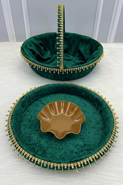 ZEYMERADE صينية وسلة ليلة الزفاف الخضراء، فاخرة ولامعة مرصّع بالأحجار مخمل، ل...