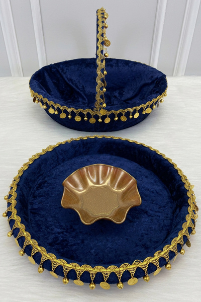 ZEYMERADE Lacivert Gelin Kına Gecesi Tepsi Ve Sepeti, Kadife, Gold Zilli Ve P...