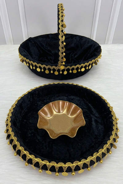 ZEYMERADE صينية وسلة سوداء لحفلات الزفاف والهينا، مخمل، مزينة بالذهب والترتر،...