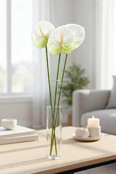 Yapay Çiçek Deposu Yapay Islak Tekli Antoryum Dalı 60 cm Yeşil-Beyaz