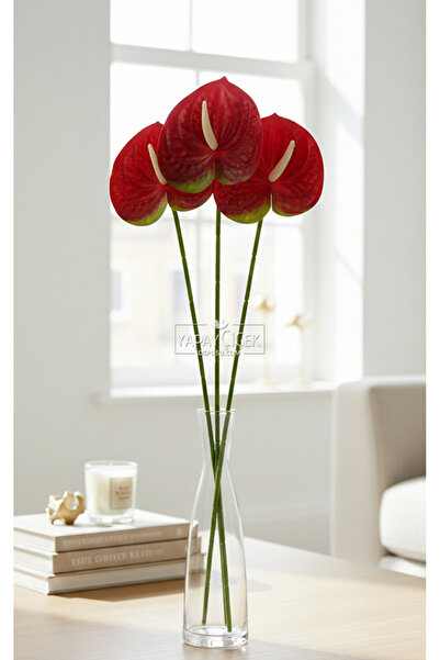 Yapay Çiçek Deposu Yapay Islak Tekli Antoryum Dalı 60 cm Bordo