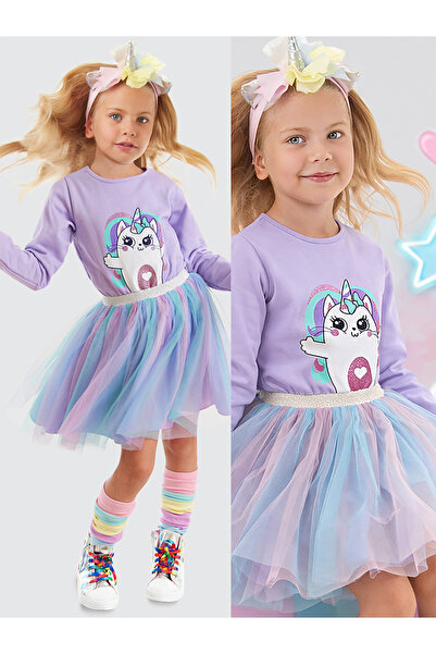 Denokids Χνουδωτό φόρεμα για κορίτσι με τούλι ουράνιο τόξο