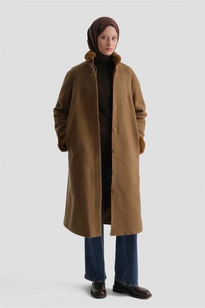 Armine Seyyar Kürklü Pens Detaylı Kaban 23K7213 Taba