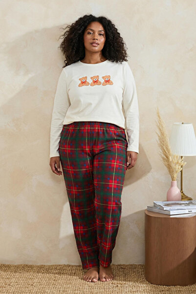 Trendyol Curve Ecru 100% pamuk plišani medo pletena pidžama set TBBAW26AI00034