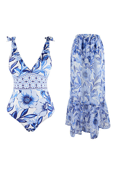 ترينديول كوليكشن طقم سباحة من قطعتين بتصميم زهور وياقة عميقة على شكل حرف V وت...