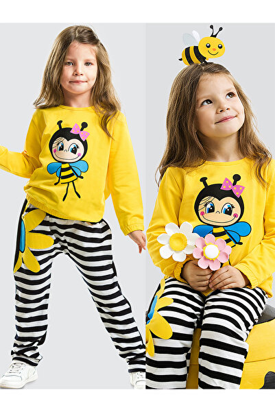 Denokids Devojčica Pčelica - Set od trenerke od somota - Prugasti i cvetni dezen
