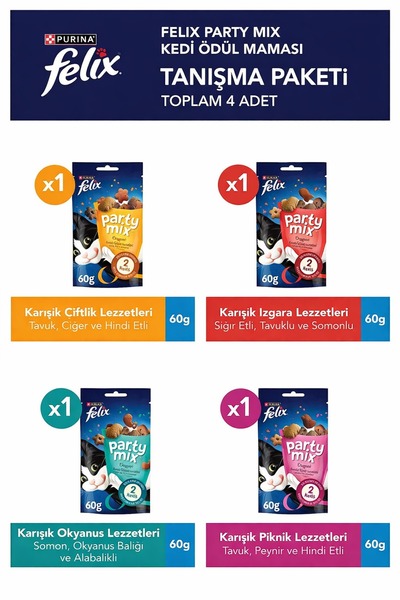 FELIX Party Mix Karışık Kedi Ödül Maması 4lü Tanışma Paketi