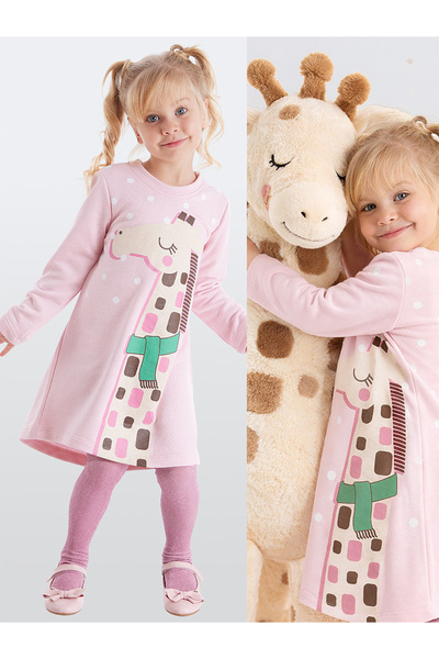 Denokids Cool Zürafa Kız Çocuk Pembe Kışlık Uzun Kollu Elbise