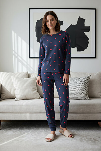 Trendyol Collection Set de lenjerie de dormit tricotată Heart Indigo 100% bum...