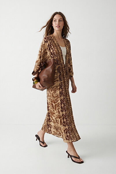 Trendyol Collection Beige Ethnic Pattern Leather N V-Neck Maxi Woven Dress Tw...