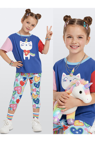 Denokids Unicorn Cat Girls Παιδικό Σετ Κολάν Μπλουζάκι Άνοιξη Καλοκαίρι 2-7 ετών