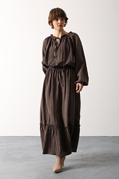 Trendyol Modest Brown Wrinkled Fabric Elastic Collar Blouse Skirt Bottom Top ...