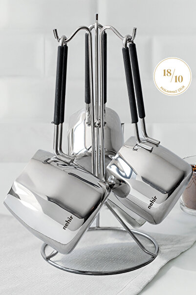 Nehir Modern 4 Parça Standlı Paslanmaz Çelik Cezve Seti