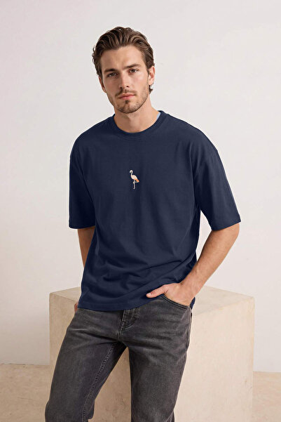Trendyol Collection Navy Blue Oversized /Wide Cut Flamingo Embroidered 100% C...