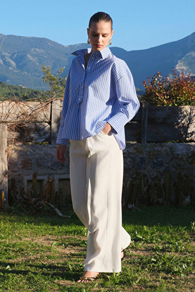 Trendyol Collection Blue-Beige Striped Half-Buttoned Oversized Woven Blouse T...