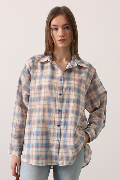 Trendyol Modest Light Brown Blue Plaid Pack Oversized Shirts Tctss26Tg000550055
