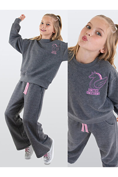 Denokids Unicorn Girl's Gray Tracksuit Set