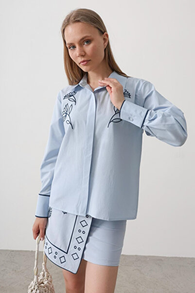 Trendyol Collection Blue Embroidery Detailed Shirt Double Breasted Skirt Wove...