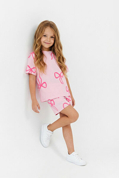 TRENDYOLKIDS Pink Ribbon Printed Girl's Knitted Bottom - Top Set Tkdss26Au00103