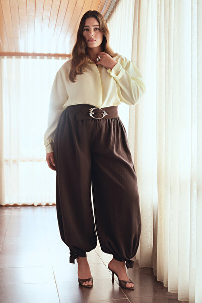 Trendyol Curve Limited Edition Yellow Woven Long Sleeve Plus Size Shirt Tbbss...